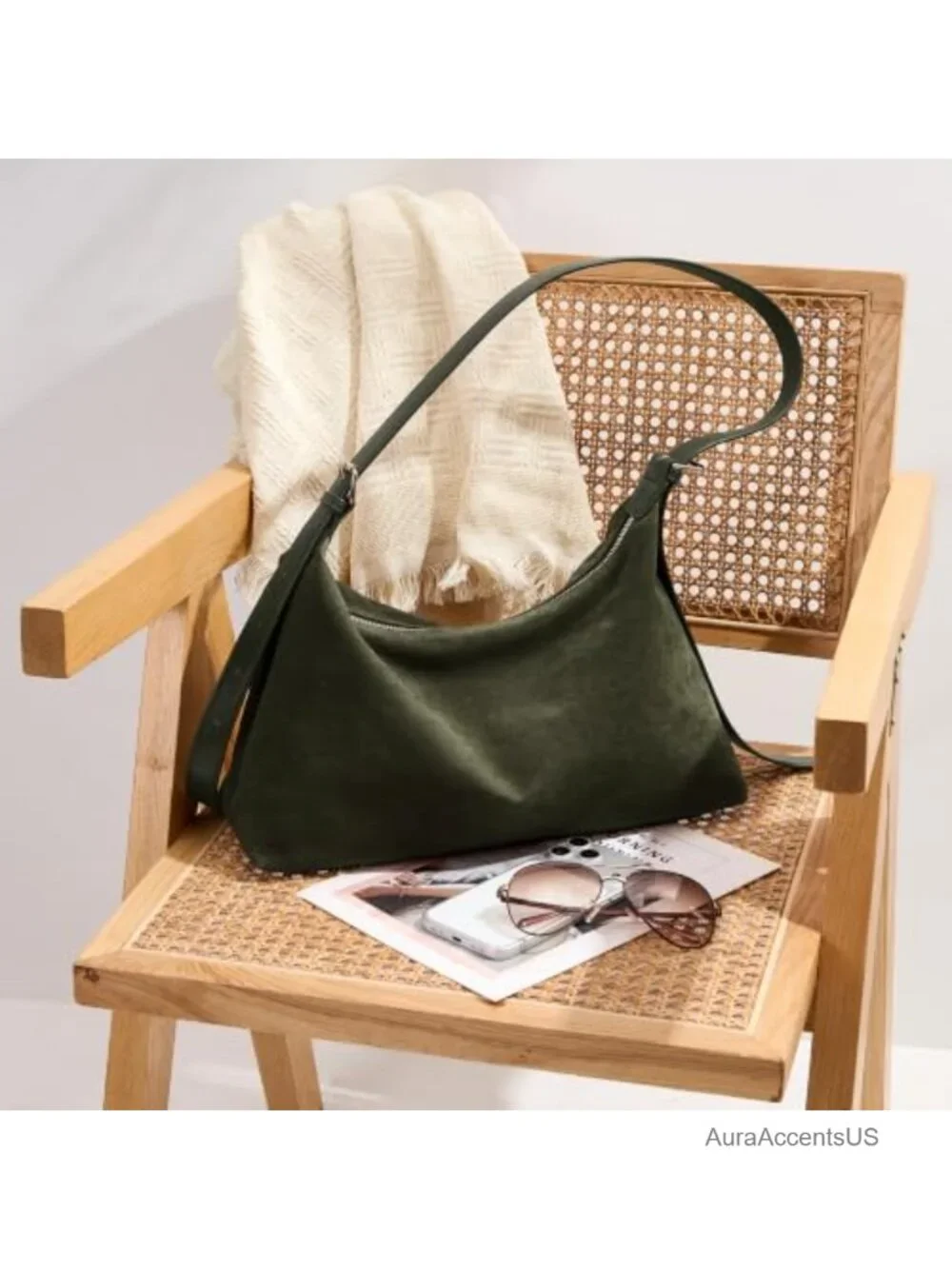 Faux Suede Crescent Hobo Tote Bag with Adjustable Strap